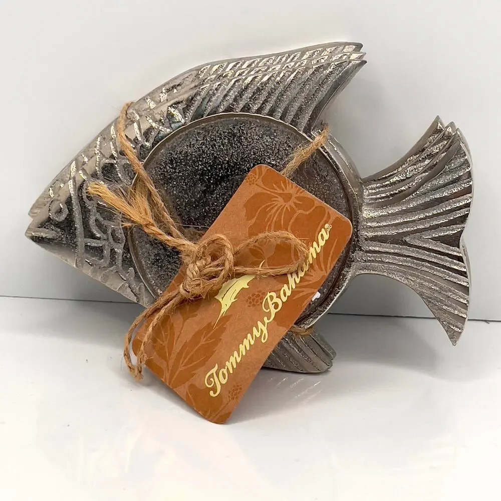 Tommy Bahama silver metal fish-shaped coaster or candle holder set.